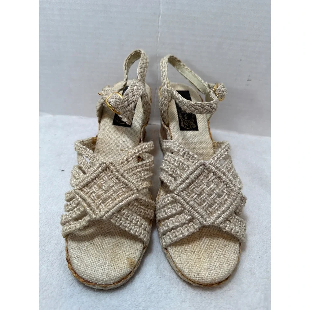 VTG NOS Macrame Wedge Sandals Women Beige‎ Cork Heel Boho Strappy Woven Size 8